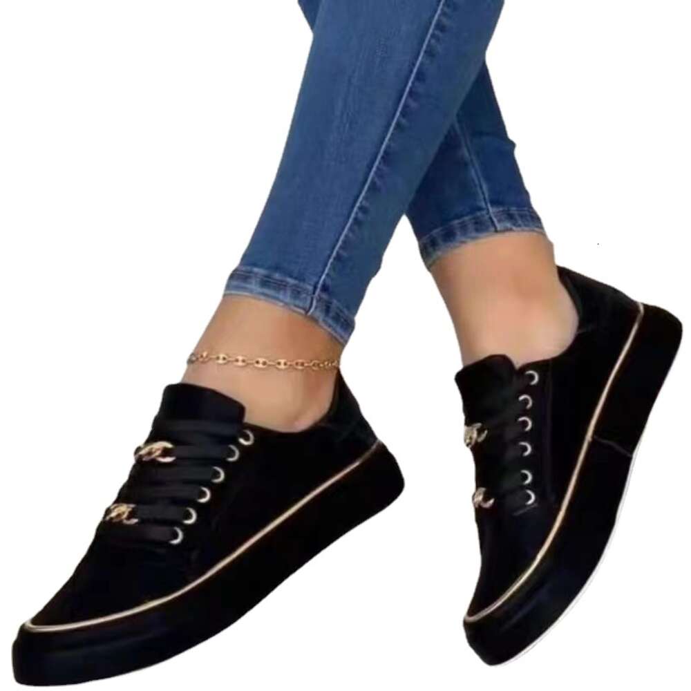 Ddmytiger Daily Ruffled Summer Ladies New Fashion Chain Leather Comfortable Round Toe Platform Sneakers Lace Up Walking Women S Vulcanized Shoes Outdo