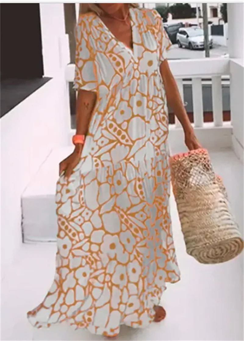 Womens Bohemian Style Dresses Summer Deep V Neck Short Sleeve Dressy Ladies Comfortable Casual Large Hem Gown Trend Streetwear 240529