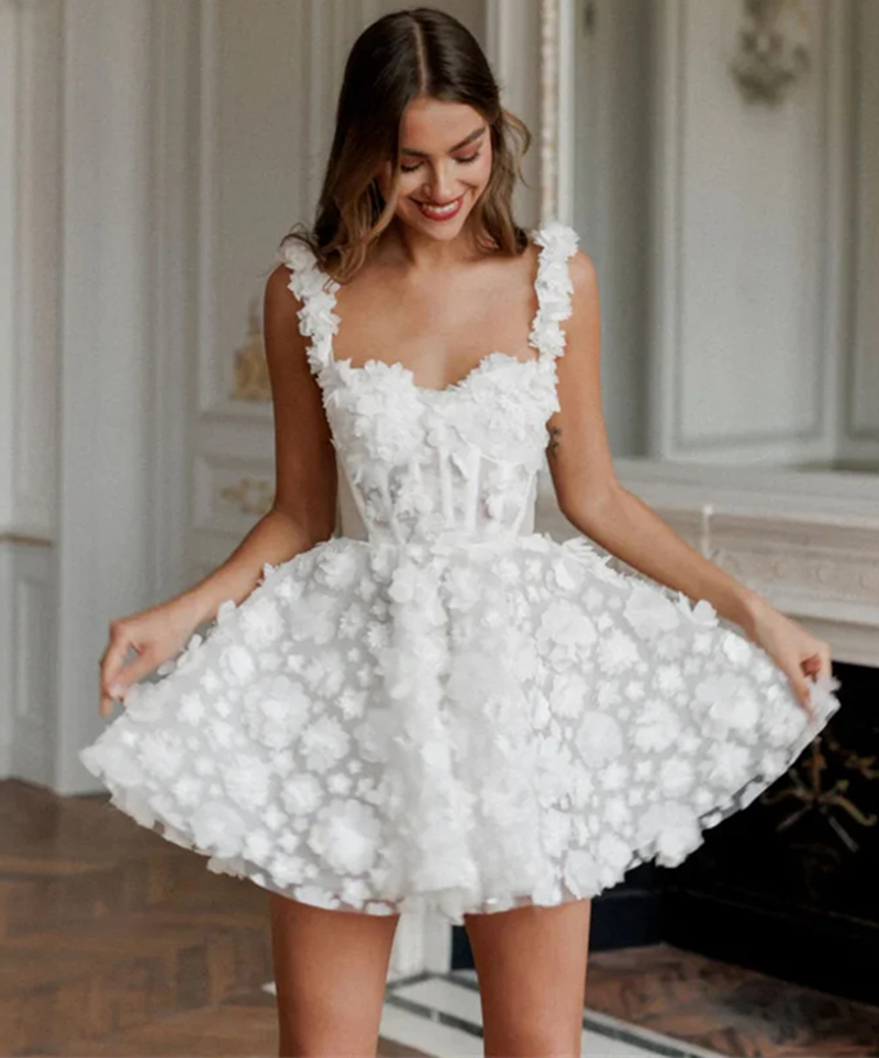 3D ral Appliques Mini Short A-e Dresses Spaghetti Straps Corset wers Boho Bridal Gowns 2024 Sweetheart Neck Open Back Summer Beach Wedding Dress