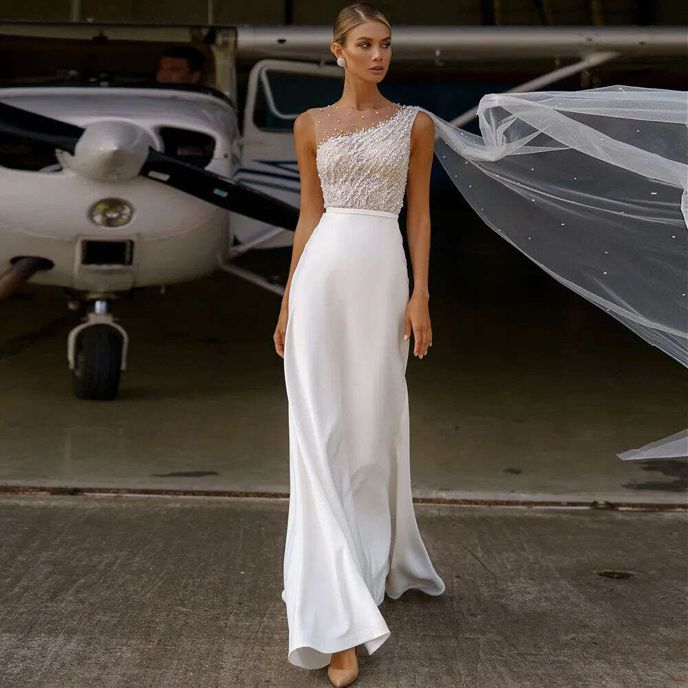 Chiffon Wedding Dresses for Women - Sexy Sleeveless A-e Lace Print Bridal Gowns