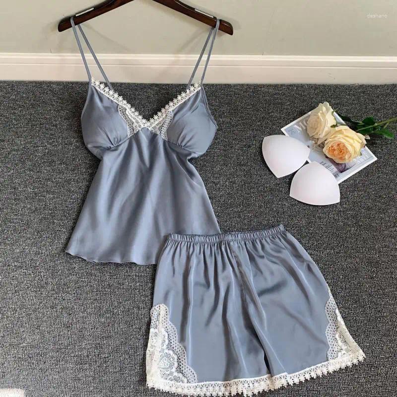 Home Clothing Lace Patchwork 2PCS Sleepwear Satin Strap Top&Shorts Sexy V-neck Sleep Set Elastic Waist Pamas Casual Clothes