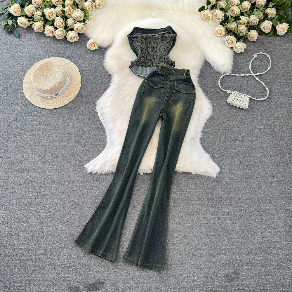 Fashion set womens American denim strapless vest two-piece set with high waist slimming and slightly drooping denim pants