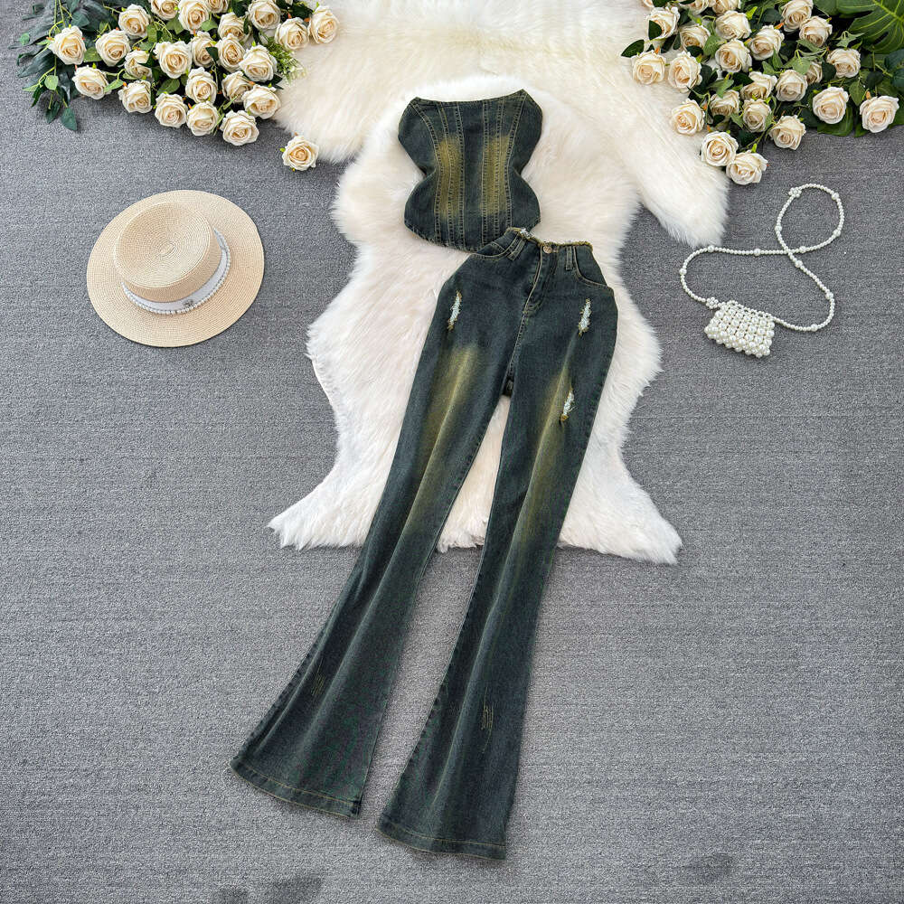 Fashion set womens American denim strapless vest two-piece set with high waist slimming and slightly drooping denim pants