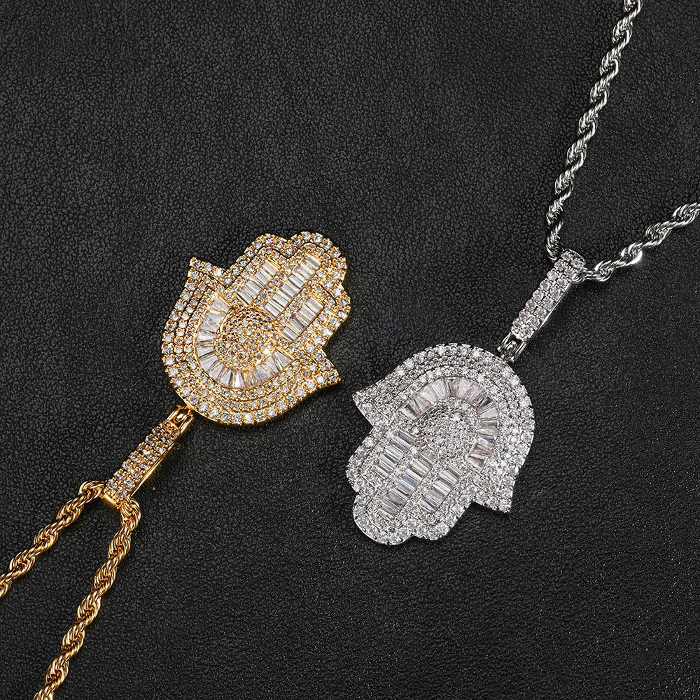 Iced Out 5A CZ Pave Hamsa Hand Fatima Pendant Necklace for Women Men Hip Hop Jewelry 240531