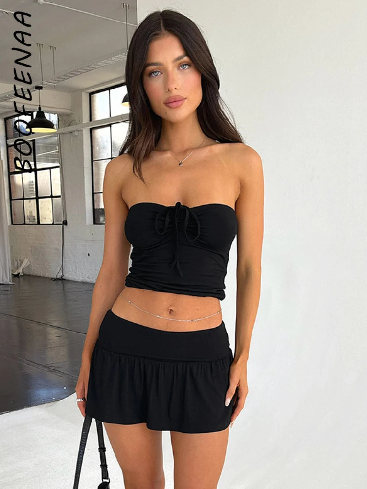 BOOFEENAA Sexy 2 Piece Set Women Summer Vacation Outfits Going Out Dress 2024 Tube Top and Mini Skirt Matching Sets C85CC20 240601