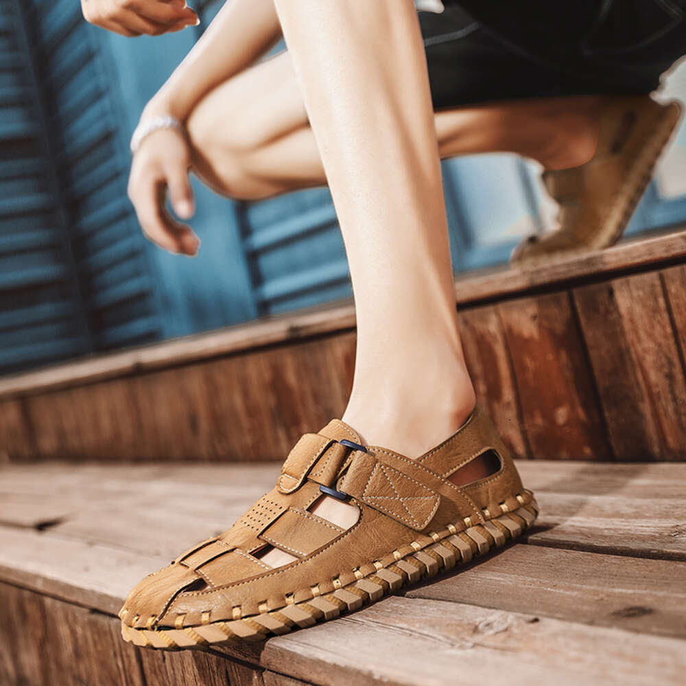 2024 Classic Hand-sewn Men's Sandals Outdoor Non-Slip Breathable Hiking Shoes Fashionable Soft Bottom Hook Loop Beach Slippers ddmythur