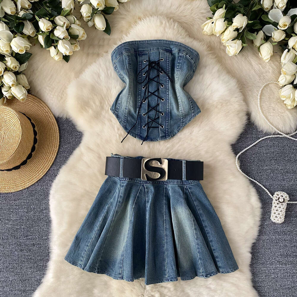 Hot and Spicy Design with Tie Up Waist Irregular Bra Vest Two Piece Set for Women with Belt Cowboy Short Skirt