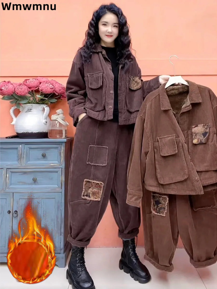 Plush Winter Add Velvet Corduroy 2 Piece Set Thicken Warm Women Casual Coat Conjuntos Trend Baggy Snow Wear Harem Pants Outfits 240529