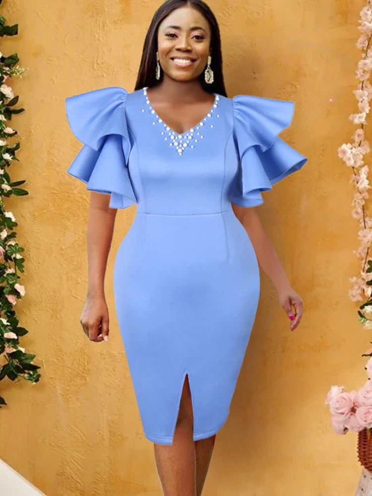 Elegant Women Plus Size Party Dress Beaded V Neck Ruffle Sleeve Bodycon Dress Burgundy Classy Evening Dinner Birthday Outfits 240530