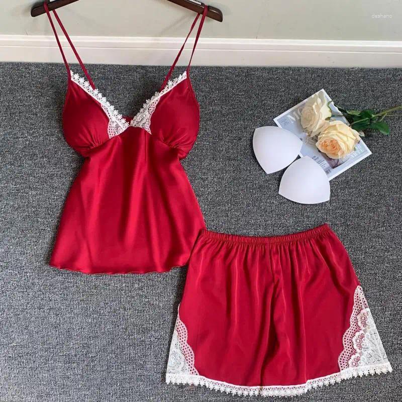 Home Clothing Lace Patchwork 2PCS Sleepwear Satin Strap Top&Shorts Sexy V-neck Sleep Set Elastic Waist Pamas Casual Clothes