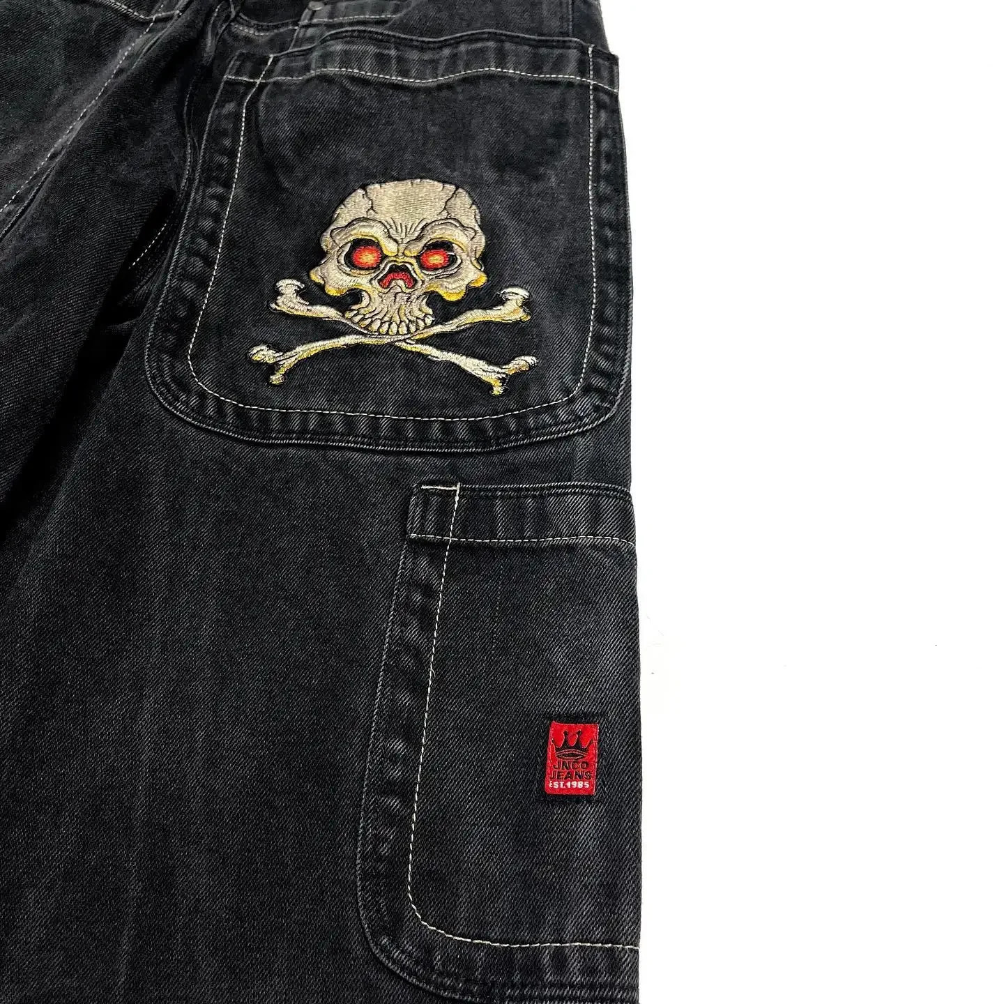JNCO Jeans Harajuku Hip Hop Retro Skull Graphic Embroidered Baggy Denim Pants Y2K Men Women Goth High Waist Wide Trousers 240530