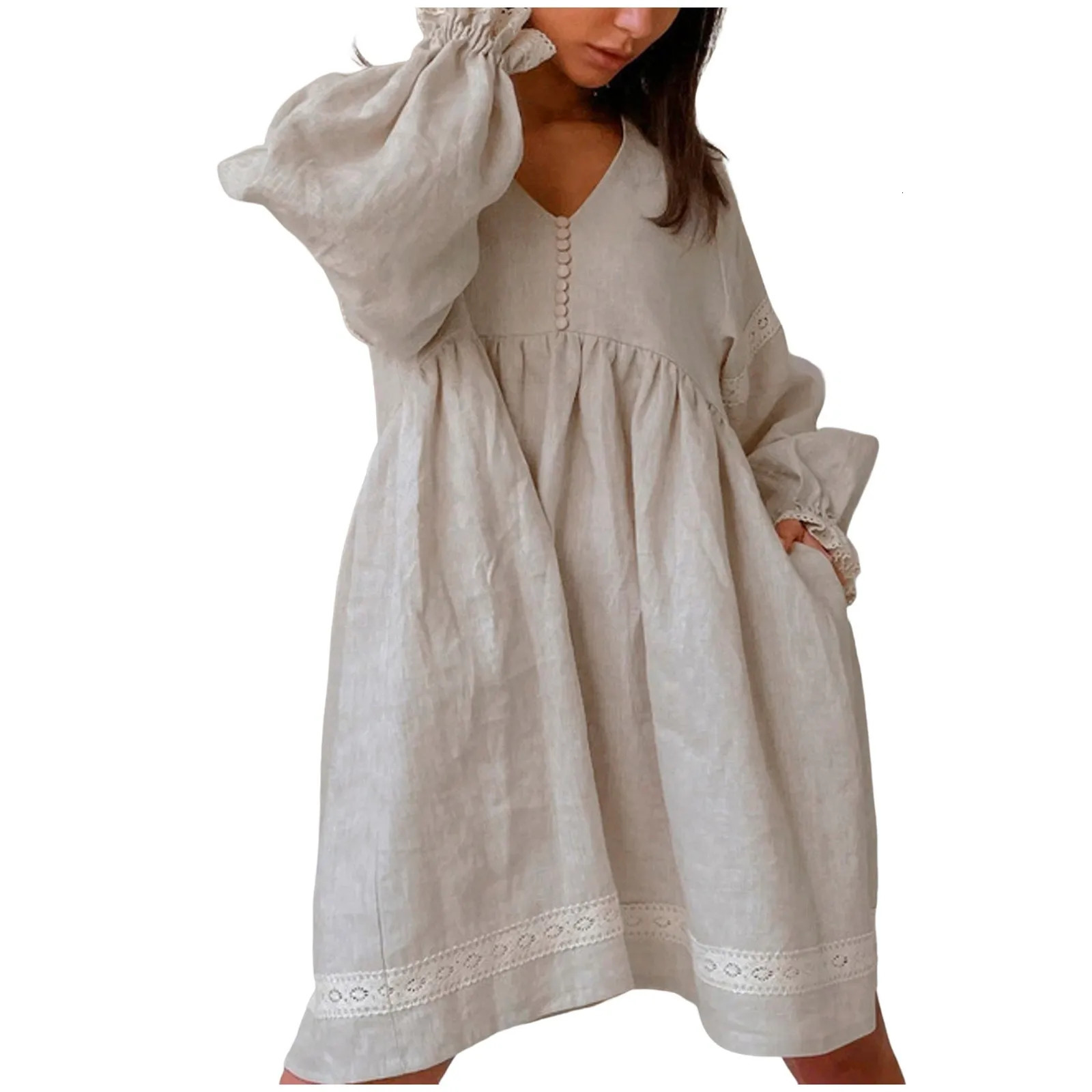 Spring Dresses For Women Solid Color Long Sleeve V Neck Cotton Linen Lace Trim Sundresses For Women Boho Dresses For Girls 240529