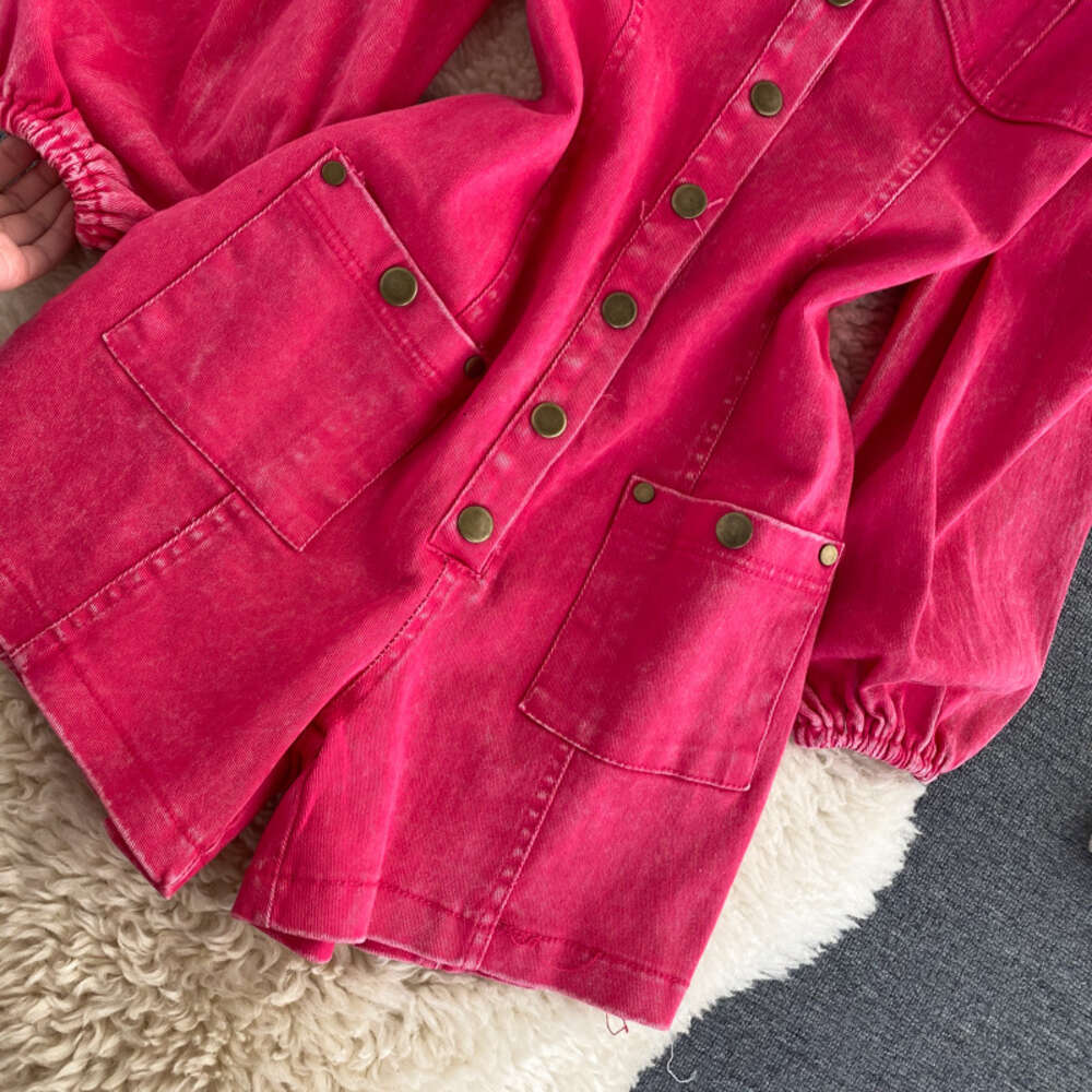 Ins fashionable wear with white rose red jumpsuit autumn single breasted slim short jeans fashion