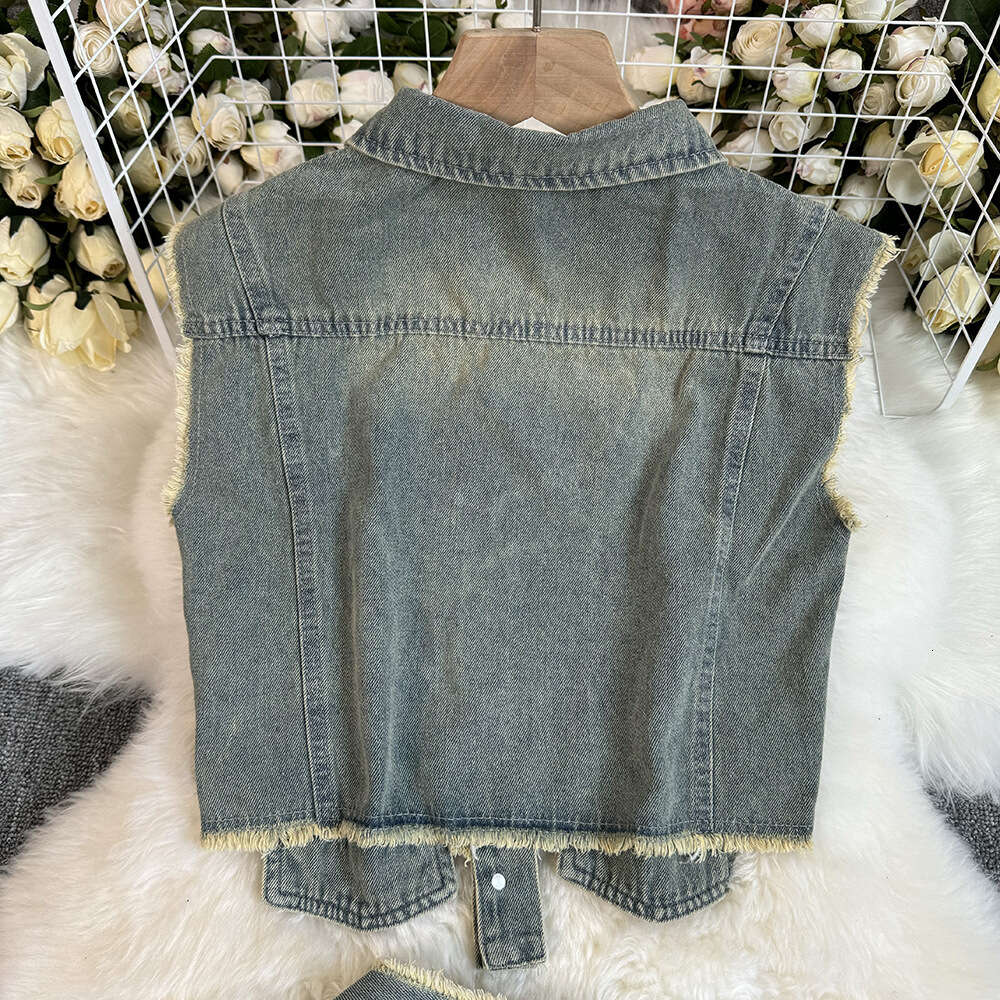 American niche short denim vest+hip wrap straight leg skirt medium length denim two-piece set for women