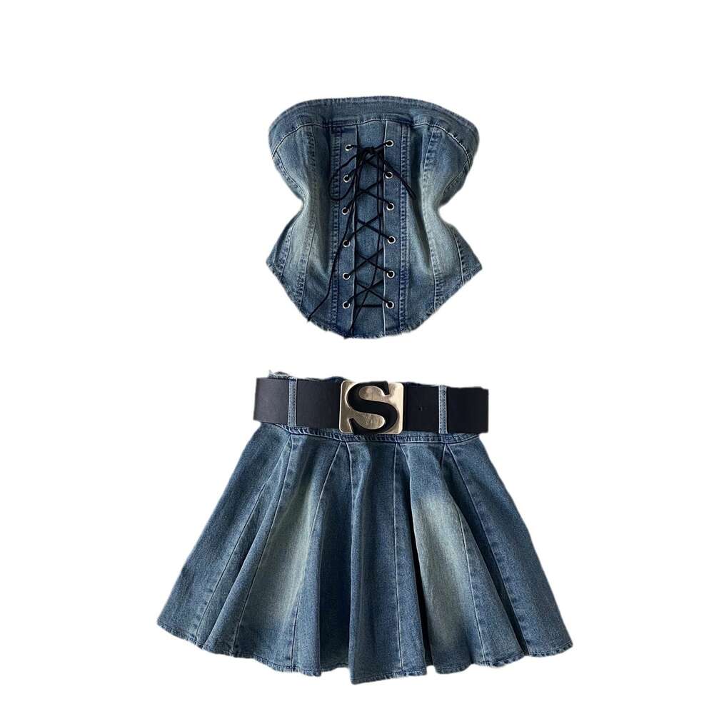 Hot and Spicy Design with Tie Up Waist Irregular Bra Vest Two Piece Set for Women with Belt Cowboy Short Skirt