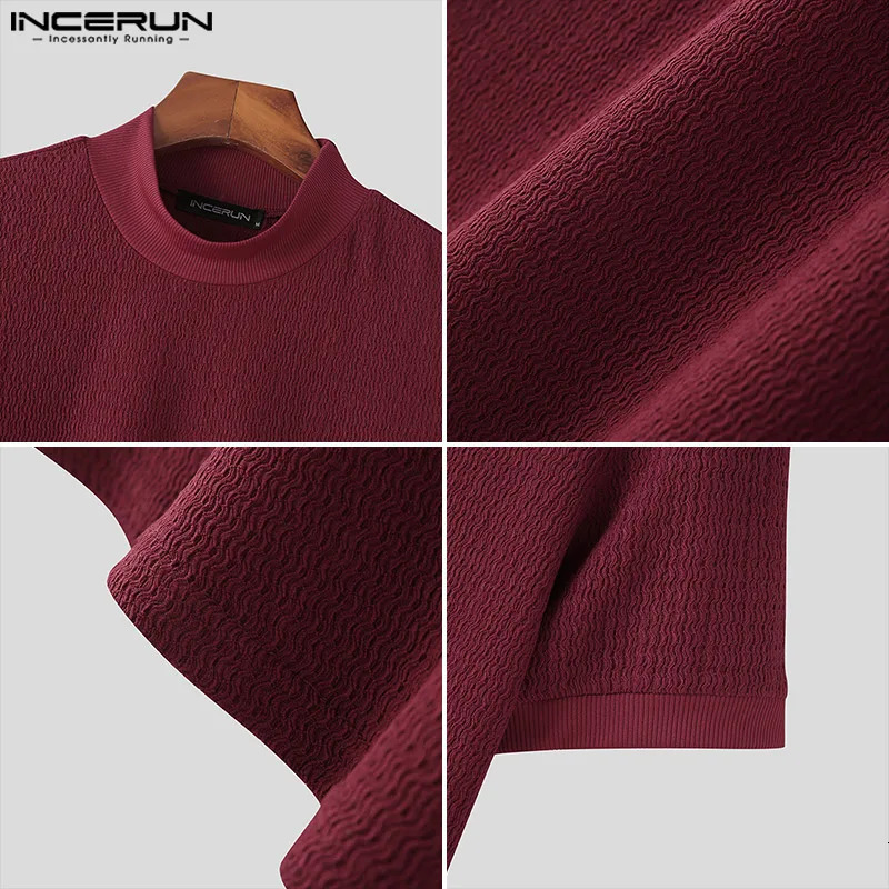 Casual Simple Style Tops INCERUN Men Knitting Pit Strip Camiseta Stylish Solid Half High Collar Short Sleeve T-shirts S-5XL 240530