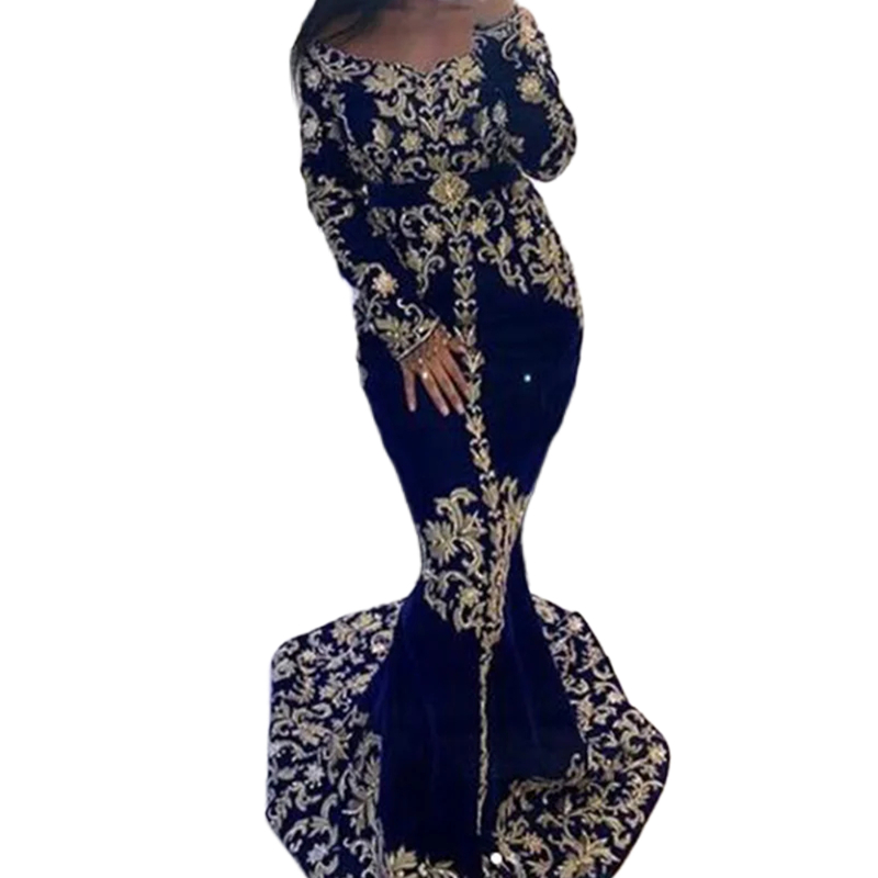 Elegant Arabic Kaftan Mermaid Evening Dresses Long Sleeves Royal Blue Velvet Prom Dress With Gold Lace Appliques Caftan Formal Party Events Gown For W