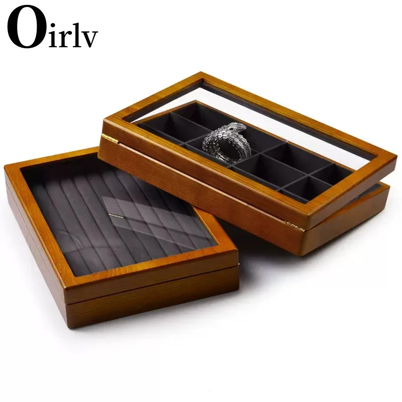 Oirlv Retro Wooden Jewelry Box Ring Necklace Bracelet Display Case Jewelry Case Transparent Jewelry Organizer Case For Women 240528