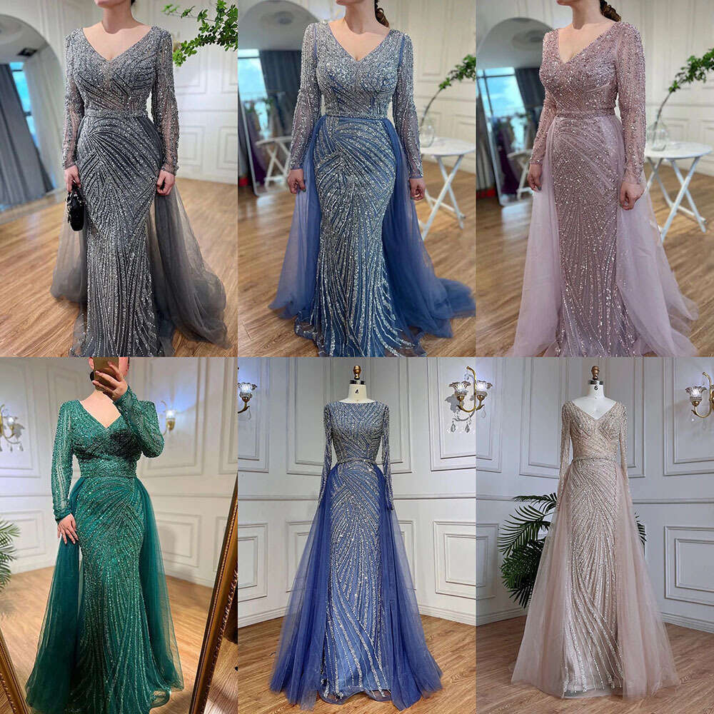 Serene Hill Dubai Mermaid Beaded Blue Muslim Evening Dresses Gowns With Detachable Skirt 2024 For Women Party La71750 0920