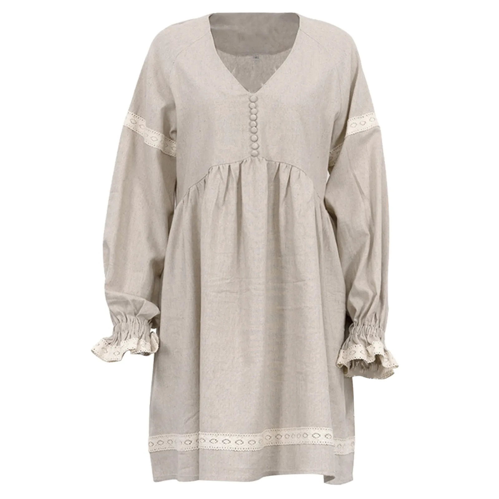 Spring Dresses For Women Solid Color Long Sleeve V Neck Cotton Linen Lace Trim Sundresses For Women Boho Dresses For Girls 240529