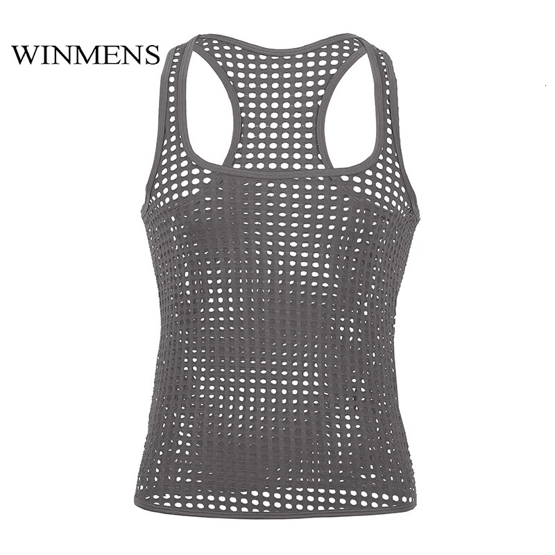 Mens Tank Top Gay Wrestling Singlet Summer See Through Sleeveless Vest Fishnet Hollowed Out Undershirts Sheer TShirt 240601