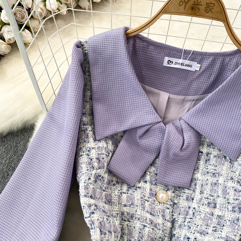 False Two Pieces Dresses for Women Peter Pan Collar Plaid Patchwork Long Sleeve Tweed Vestidos Autumn Female Dress Drop 240529