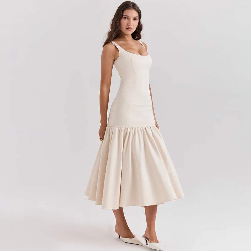 Casual Dresses Summer Sleeveless Evening Long Dress Elegant Solid Sling Pleated Ruffles Hem Maxi Chic Lady Party Robes