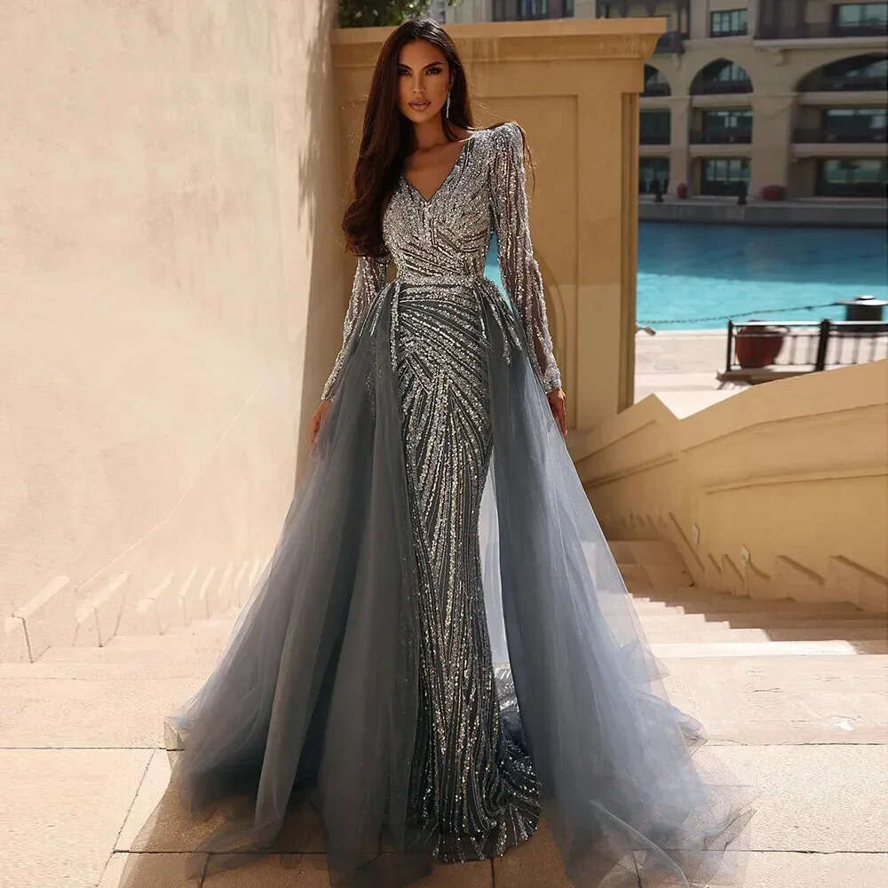 Serene Hill Dubai Mermaid Beaded Blue Muslim Evening Dresses Gowns With Detachable Skirt 2024 For Women Party La71750 0920