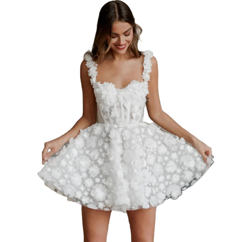 3D ral Appliques Mini Short A-e Dresses Spaghetti Straps Corset wers Boho Bridal Gowns 2024 Sweetheart Neck Open Back Summer Beach Wedding Dress
