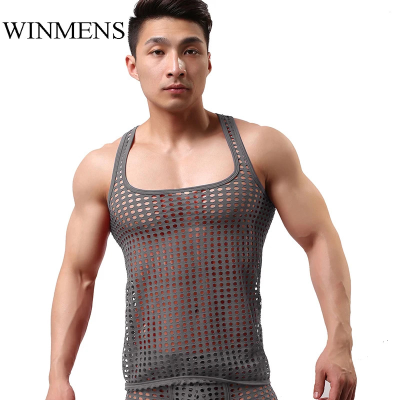 Mens Tank Top Gay Wrestling Singlet Summer See Through Sleeveless Vest Fishnet Hollowed Out Undershirts Sheer TShirt 240601