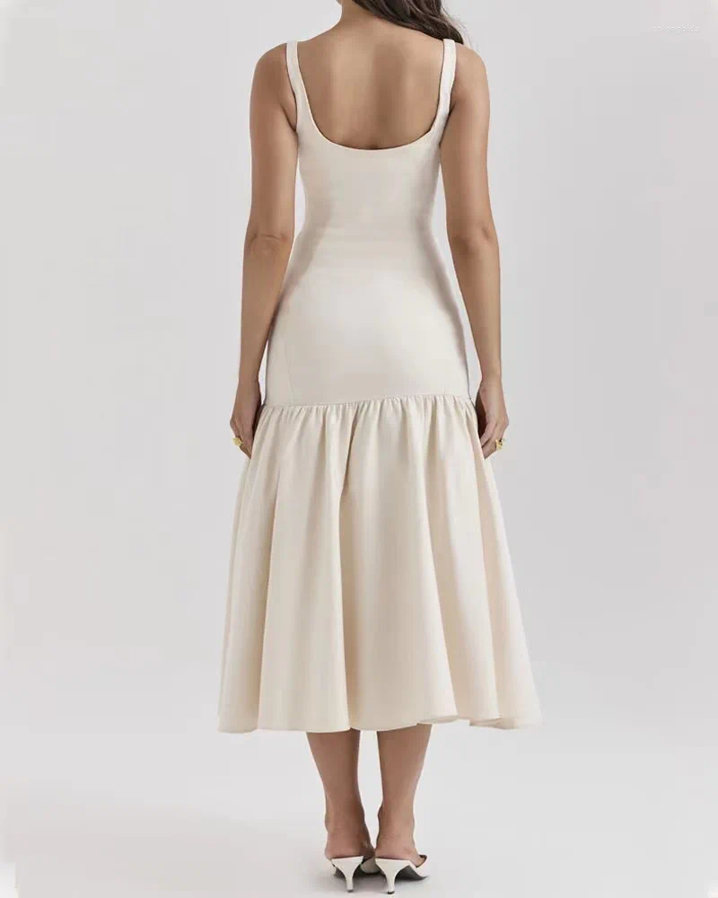 Casual Dresses Summer Sleeveless Evening Long Dress Elegant Solid Sling Pleated Ruffles Hem Maxi Chic Lady Party Robes