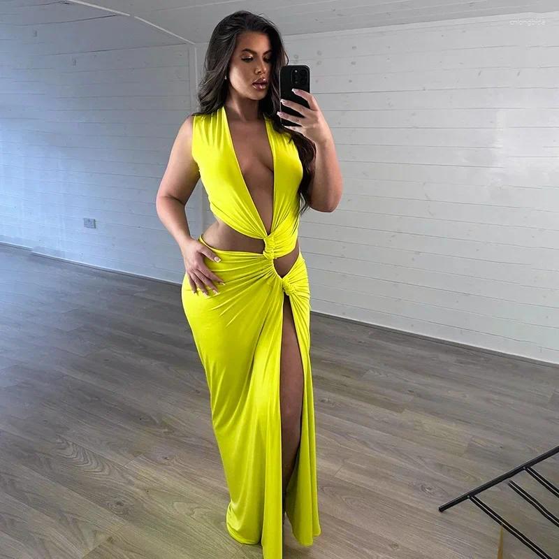Casual Dresses Women Sleeveless Dress Twisted Ruched Split Long Party Club Summer Beach Sexy Elegant Evening Hollow Out Solid Color
