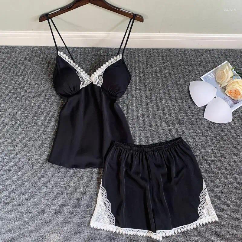 Home Clothing Lace Patchwork 2PCS Sleepwear Satin Strap Top&Shorts Sexy V-neck Sleep Set Elastic Waist Pamas Casual Clothes