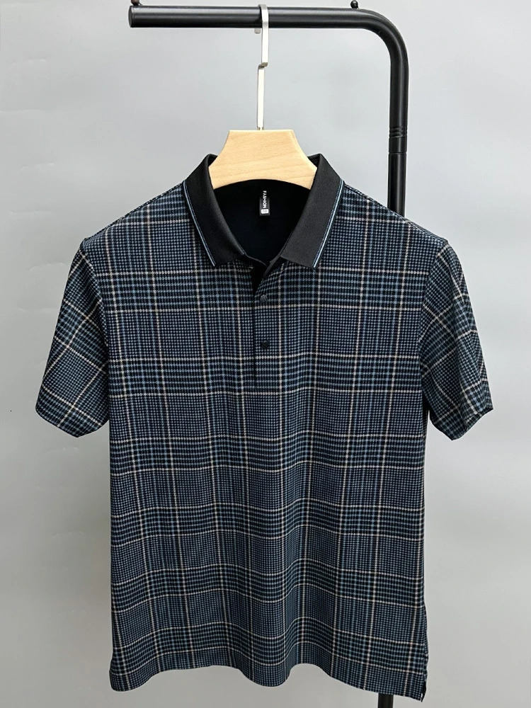 High end ice silk seamless short sleeved mens plaid collar Tshirt summer casual cool feeling top exquisite printed polo shirt 240601