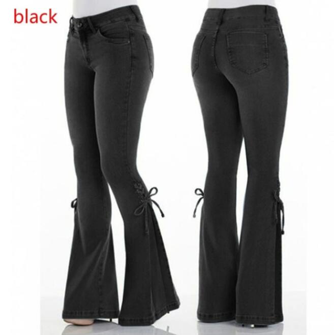Lace Up Mid-Waist Stretch Jeans For Women Xs-3Xl | Flared Pants In 3 Colors