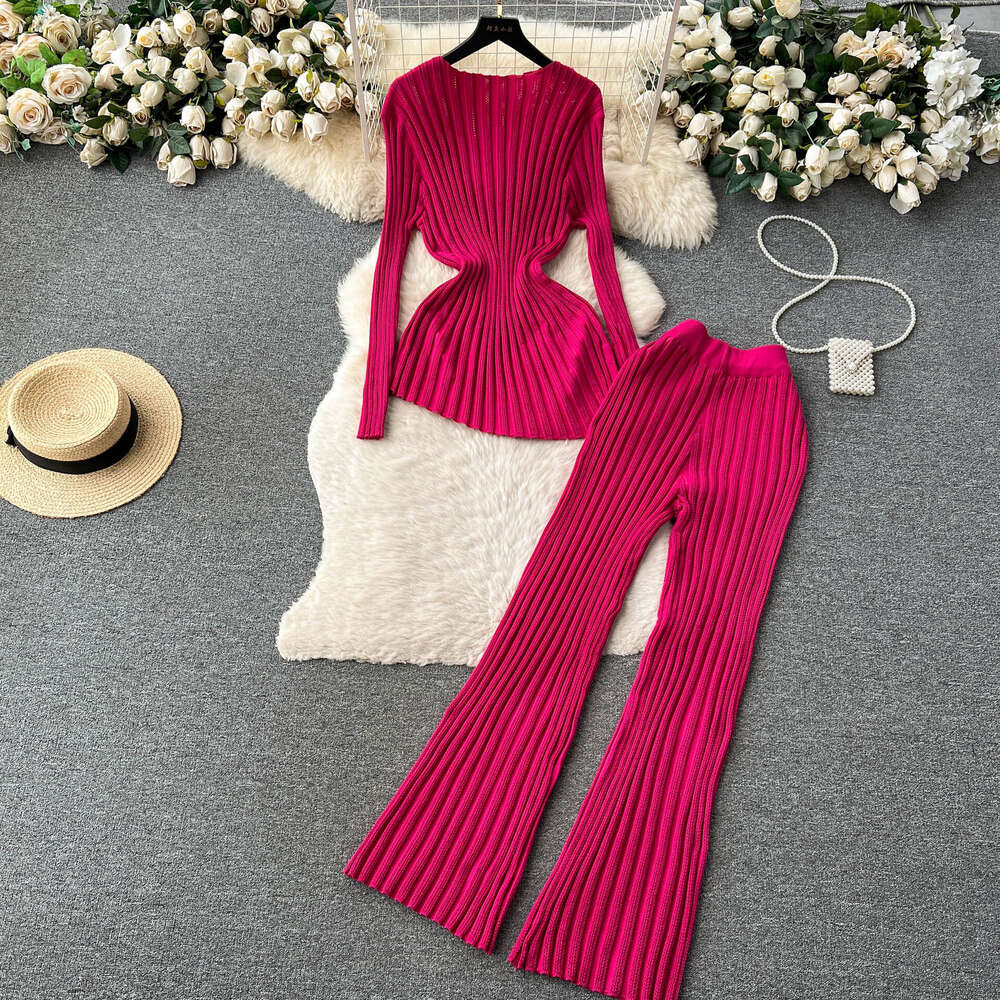 Fashion Set Feminine Style Age Reducing Stripe Knitted Irregular Top Elastic Waist Elastic Wide Leg Pants Fashion