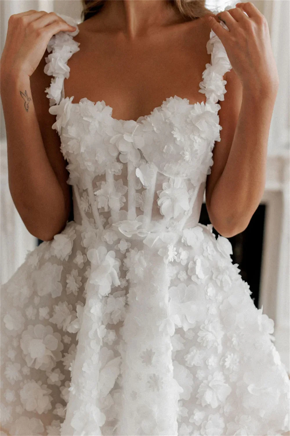 3D ral Appliques Mini Short A-e Dresses Spaghetti Straps Corset wers Boho Bridal Gowns 2024 Sweetheart Neck Open Back Summer Beach Wedding Dress