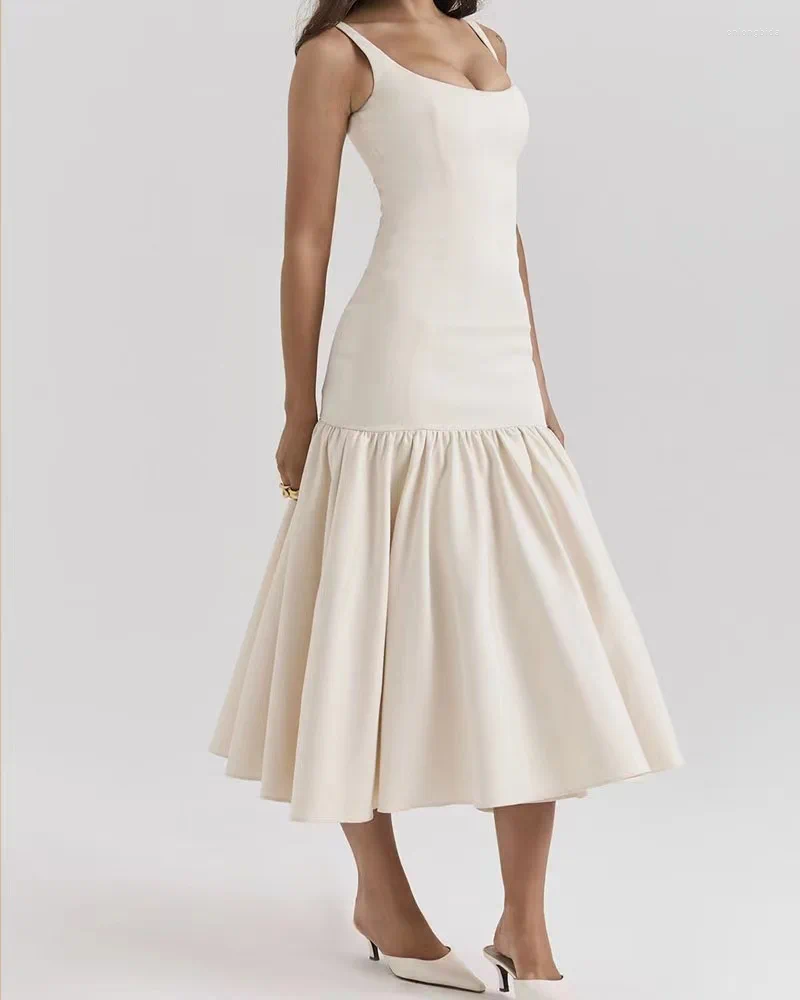 Casual Dresses Summer Sleeveless Evening Long Dress Elegant Solid Sling Pleated Ruffles Hem Maxi Chic Lady Party Robes