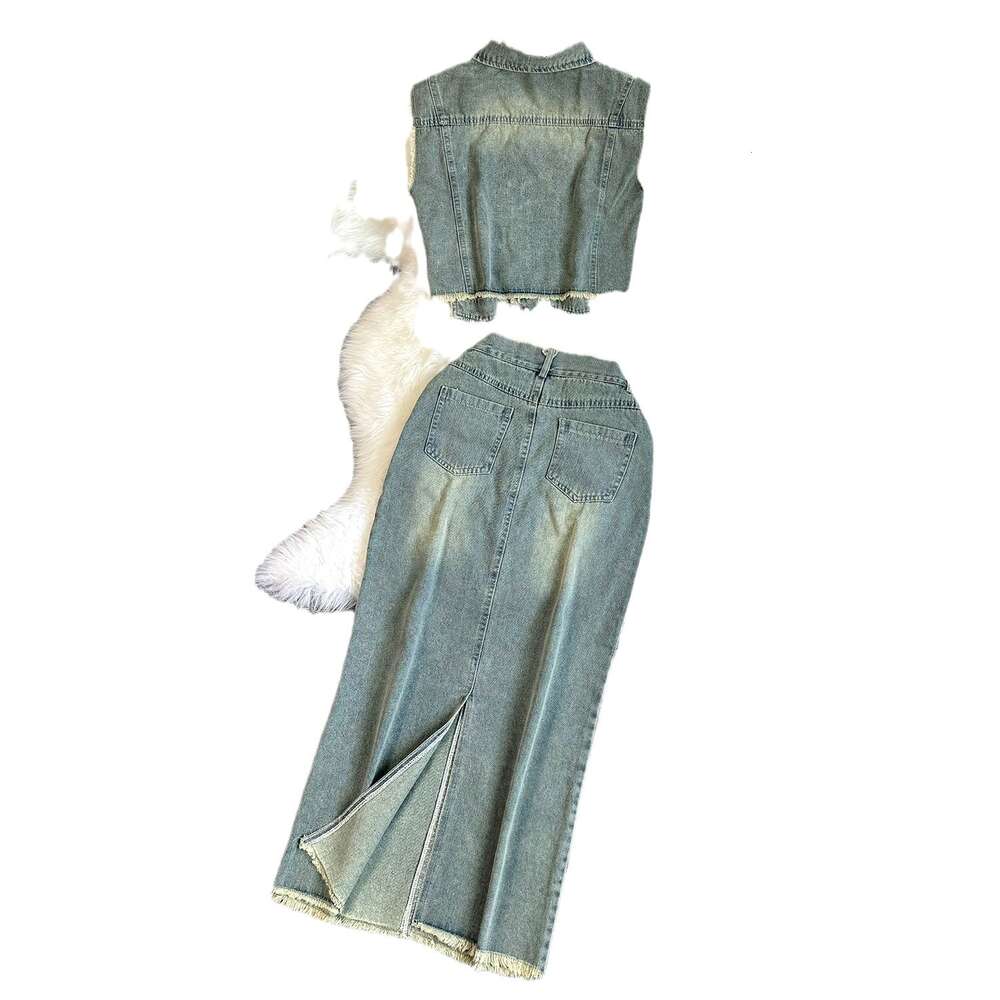 American niche short denim vest+hip wrap straight leg skirt medium length denim two-piece set for women