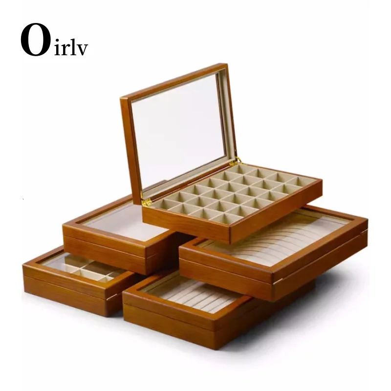 Oirlv Retro Wooden Jewelry Box Ring Necklace Bracelet Display Case Jewelry Case Transparent Jewelry Organizer Case For Women 240528