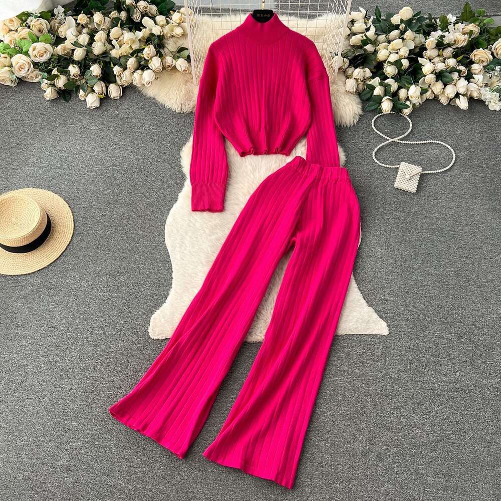 Autumn and Winter Minimalist Luxury Half High Neck Long sleeved Knitted Shirt+High Waist Slimming and Draping Pants Two piece Set