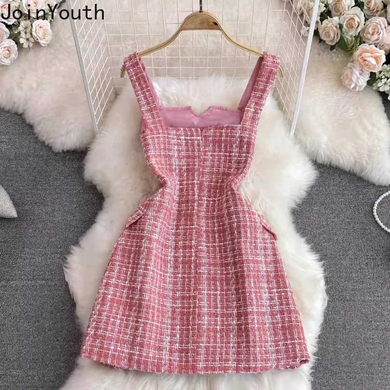 Vestidos De Mujer Korean Dresss for Women Slim Waist Sleeveless Tunic A-line Tweed Robe Femme Vintage Temperament Dress 240529