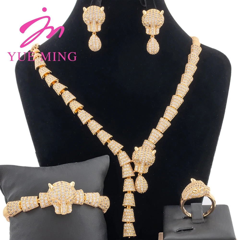 4Pcs Jewelry Sets for Women 40cm Necklaces Earrings Classic Dubai Nigeria Jewelry 18k Gold Plated Trending Zircon Ring Bracelet 240601