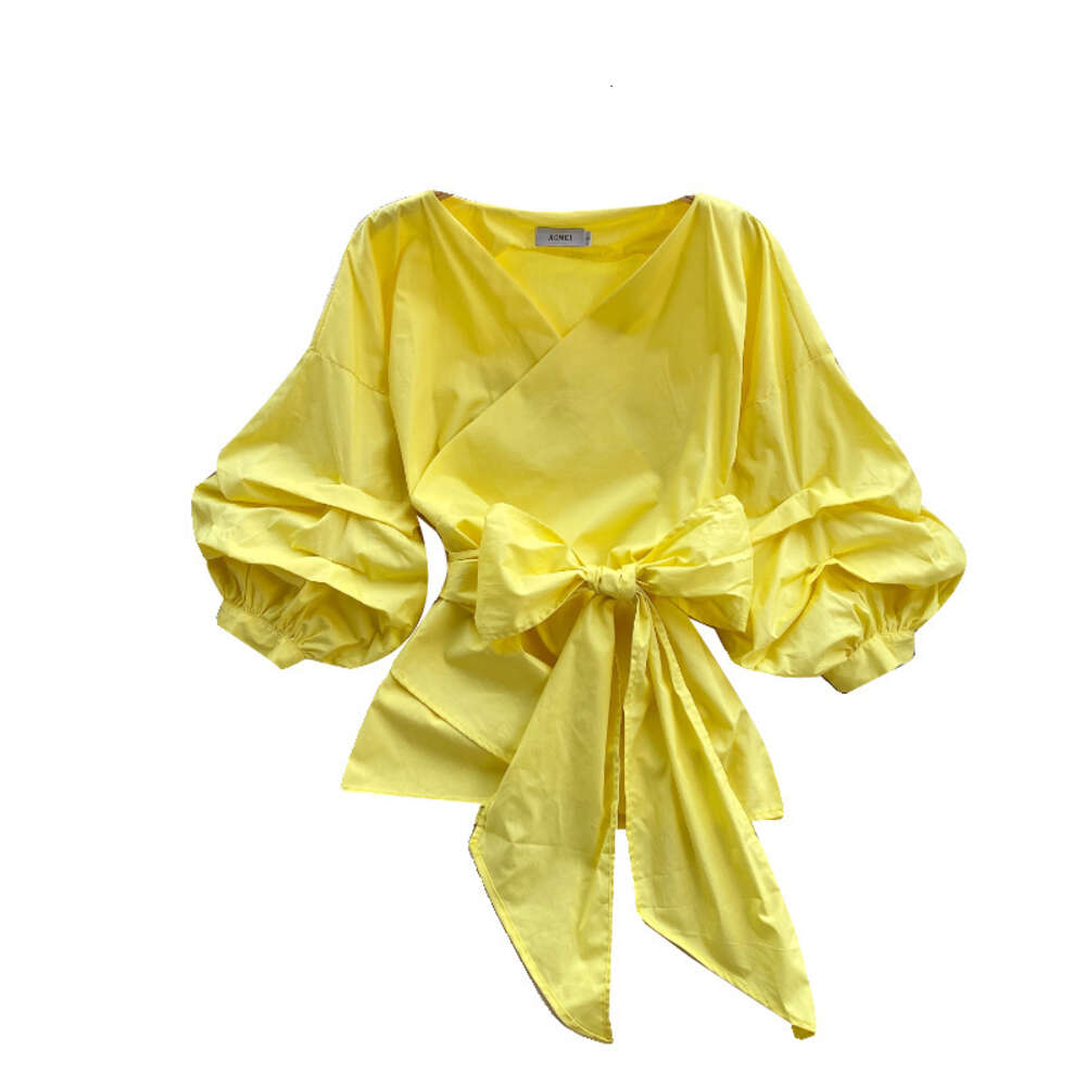 European style shirt for women with a design feel bubble sleeves with straps that wrap around the waist for a slimming look Vneckf ashionables pringo 