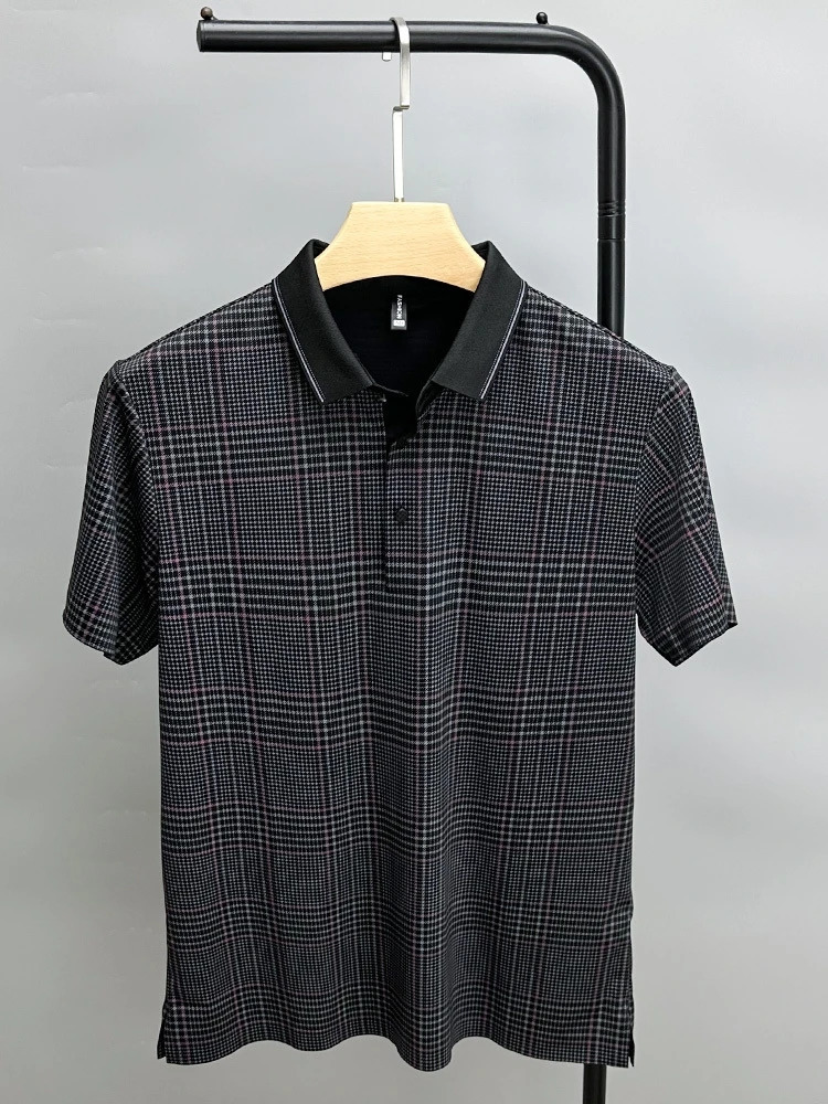 High end ice silk seamless short sleeved mens plaid collar Tshirt summer casual cool feeling top exquisite printed polo shirt 240601
