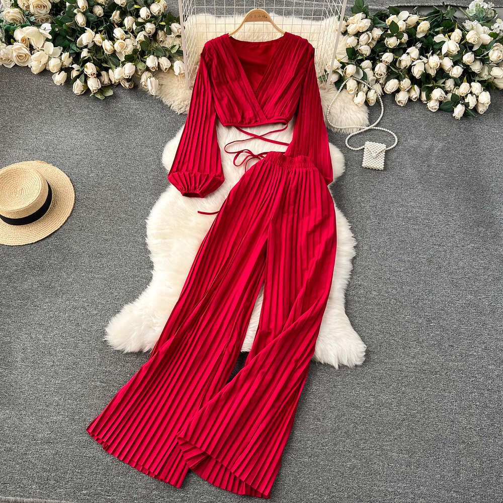 Womens 2024 New Spring Heavy Industry Pleated Bubble Sleeve Top+Wide Leg Pants Two Piece Set