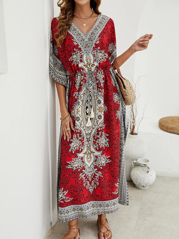 Bohemian V-neck Short Sleeve Beach Smock Dress Women Summer Loose Casual Sunscreen Print Boho Long Dresses For Women 240529