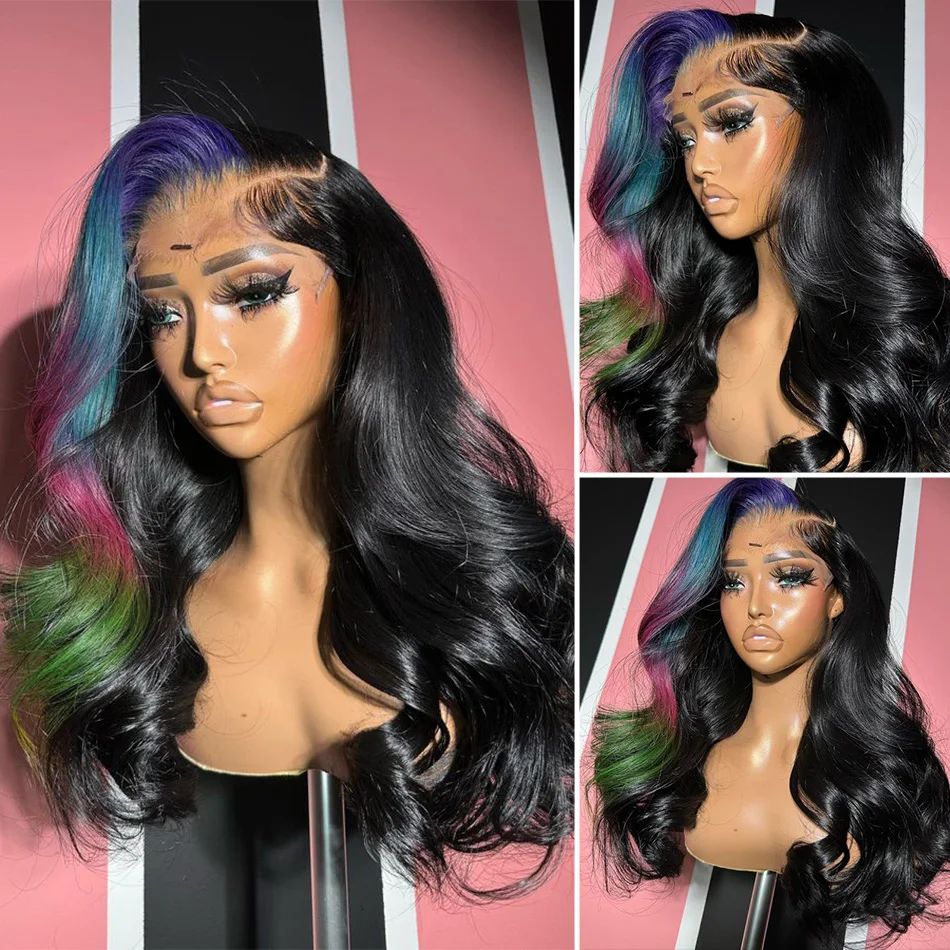 Blue Green Highlight black 13x4 Glueless Body Wave Colored Human Hair Wigs Pre Plucked HD Synthetic Lace Frontal Wigs For Black Women Uufag