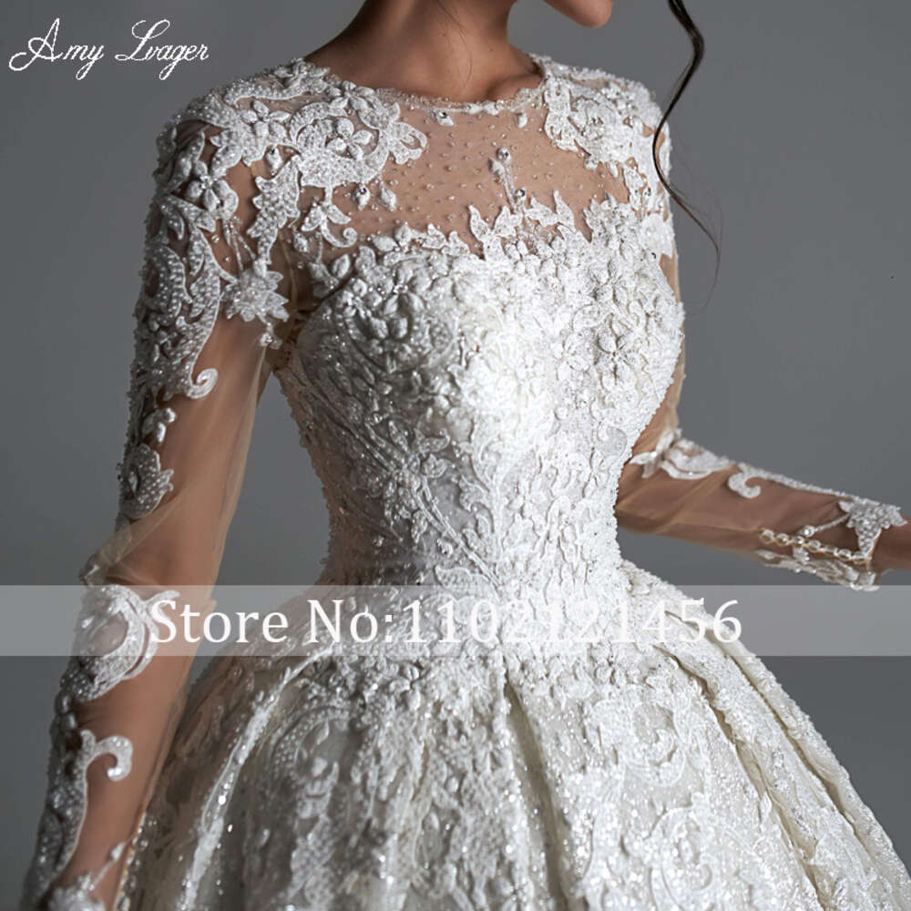 Amyager Classic O-Neck Long Sleeve Ball Wedding Dress 2024 Beading Appliques Lace Court Train Princess Bridal Gown