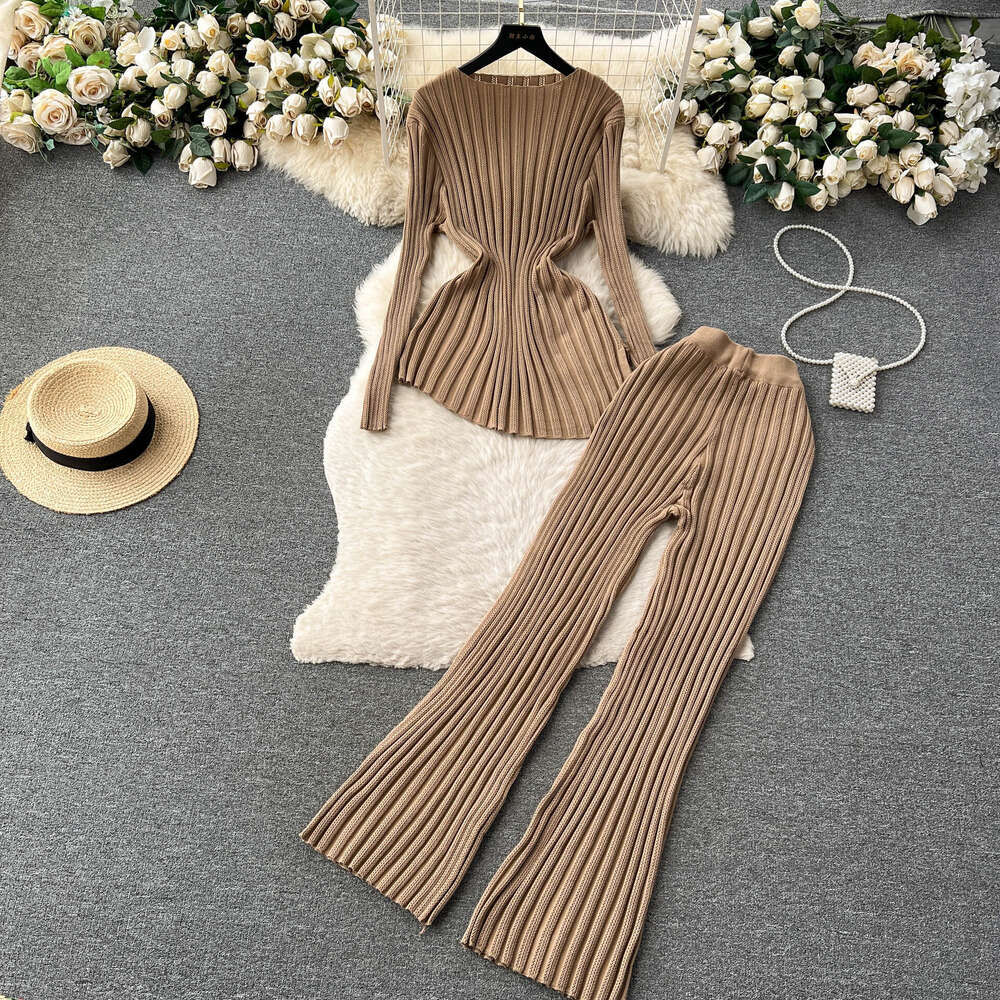 Fashion Set Feminine Style Age Reducing Stripe Knitted Irregular Top Elastic Waist Elastic Wide Leg Pants Fashion